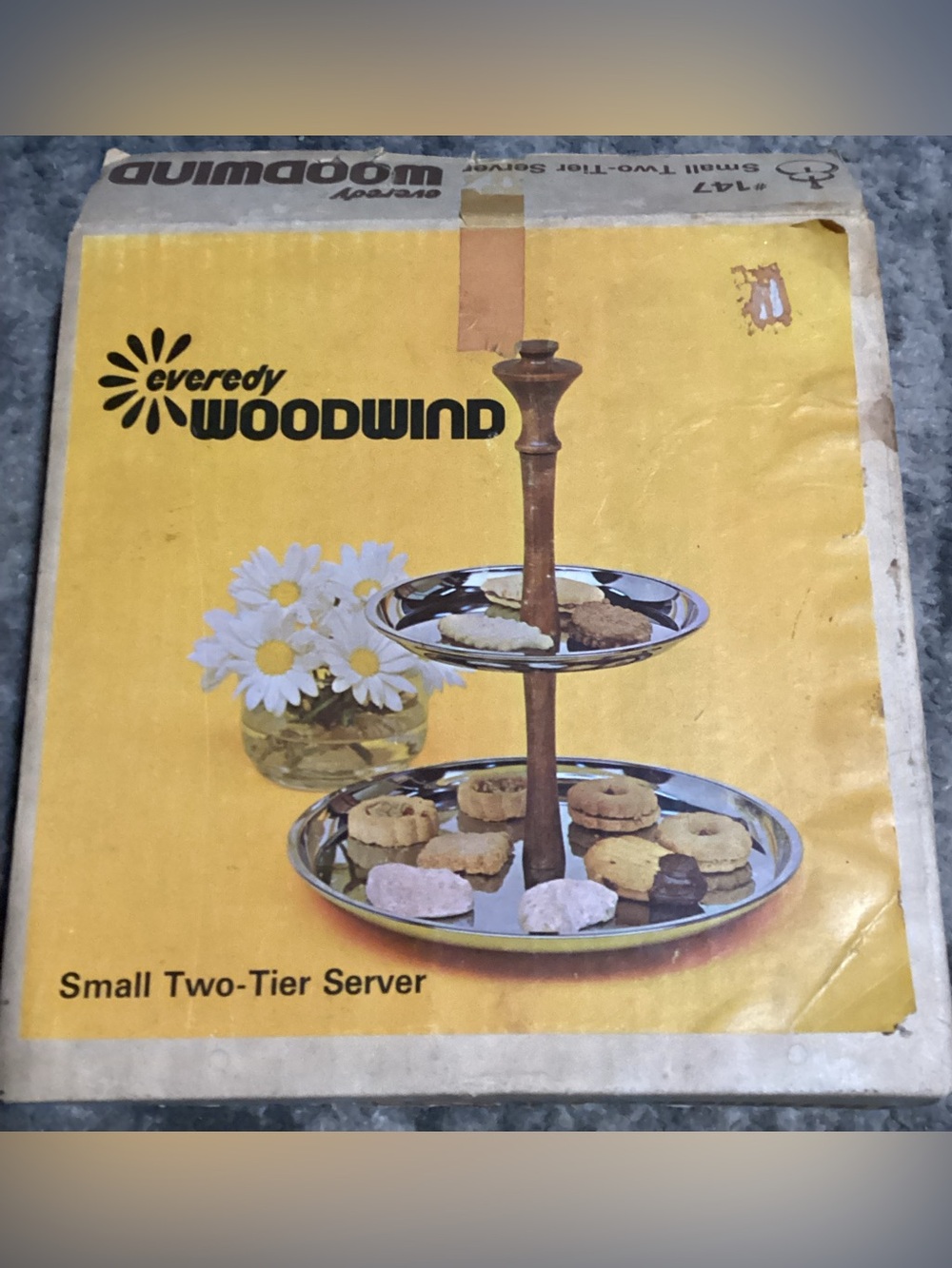 Vintage 2 Tier Chrome Tray Server with Wood Handles EVEREDY WOODWIND #147 NOS